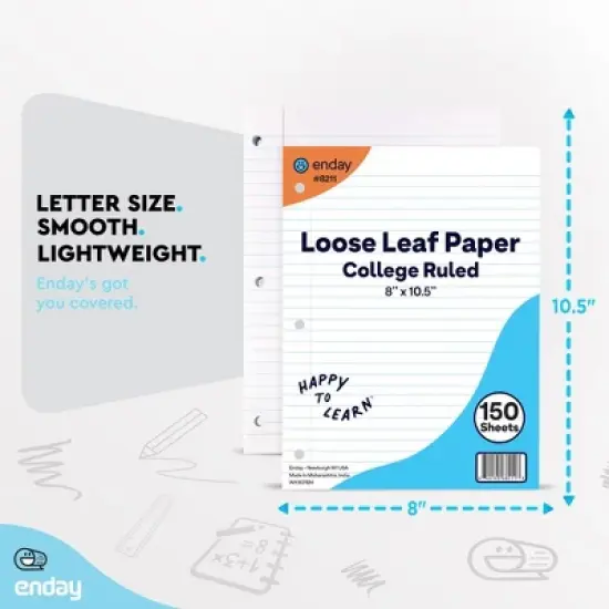 Loose Leaf Paper Wide & College Ruled, 8" x 10.5" Filler Paper White, 3 Hole Punched Binder Paper for 3 Ring Binders, 150 Sheets Per Pack - Enday image {4}