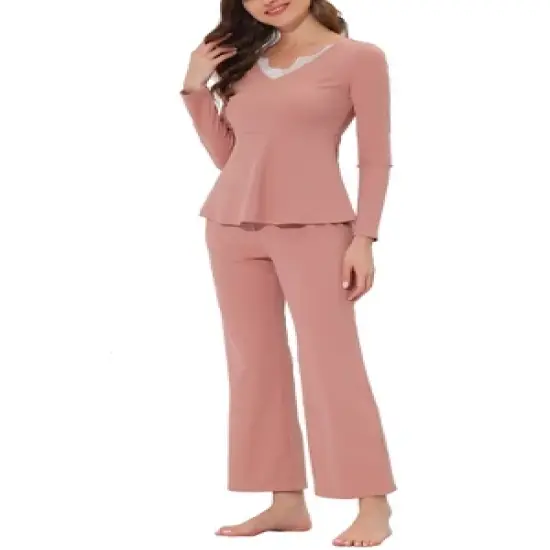 cheibear Womens Sleepwear Lounge Ribbed Knit Peplum Tops with Lace Long Sleeve Pajamas Set image {4}