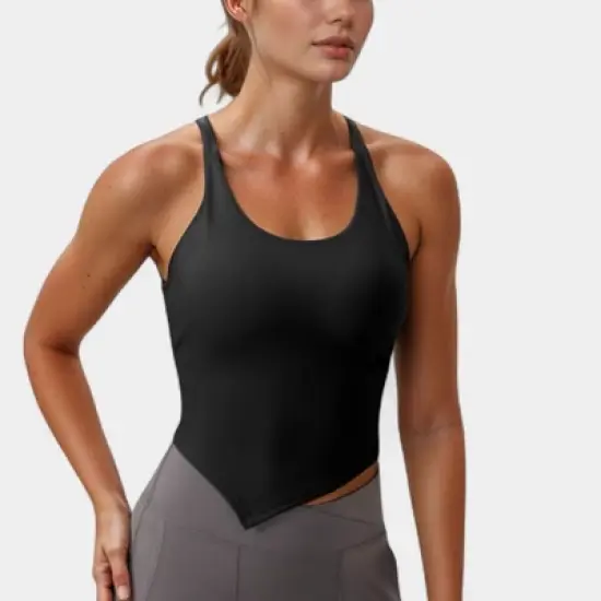 Anna-Kaci Active Women's Scoop Neck Racerback Tank Top with Handkerchief Hem and Built-In Shelf Bra for Low Impact Activity image {13}