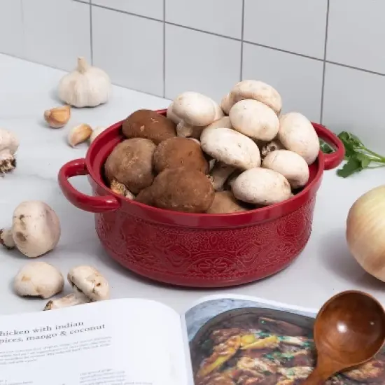 Itopfox Lace Emboss Casserole Dish with Lid, 2 Quart Ceramic Round Serving Dish for Oven to Table, Dinner and Party, Christmas Gifts in Classic Red image {3}