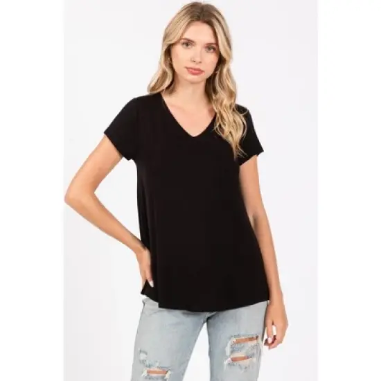 PinkBlush Black Basic V-Neck Short Sleeve Maternity Top image {2}