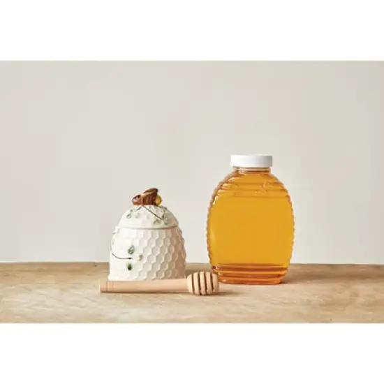 Storied Home Stoneware Honey Jar with Lid & Wood Honey Dipper image {1}