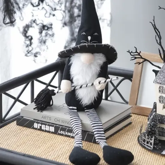 Whisen Fabric Sitting Gnome, Broomstick & Long Legs, Halloween Decoration - Black & White image {1}