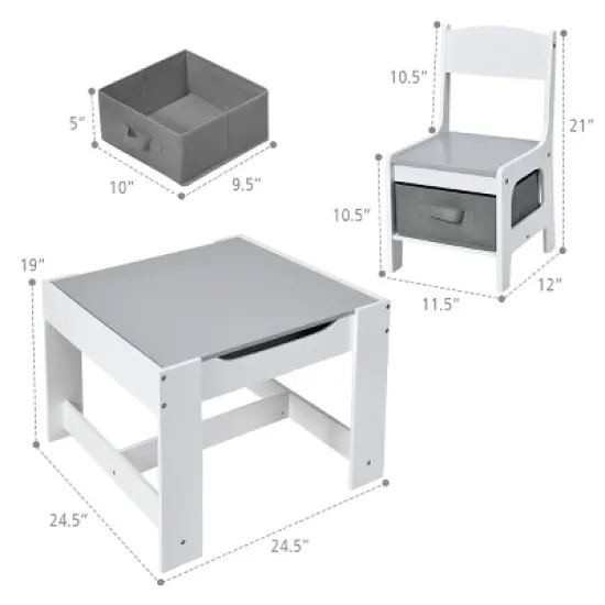 Costway Kids Table Chairs Set With Storage Boxes Blackboard Whiteboard Drawing GreyNature image {9}