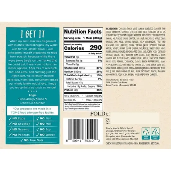 Liam's Gluten Free Frozen Zing Zing Chicken - 12oz image {1}