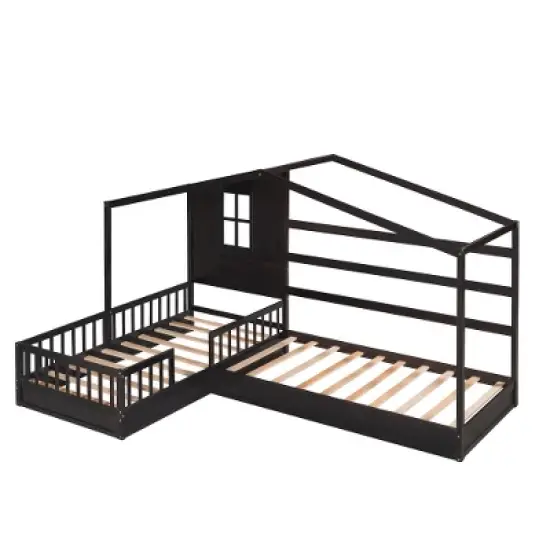 2 Twin Size L Structure Wood House Bed with Fence and Slatted Frame, White/Gray/Espresso, 4W -ModernLuxe image {3}