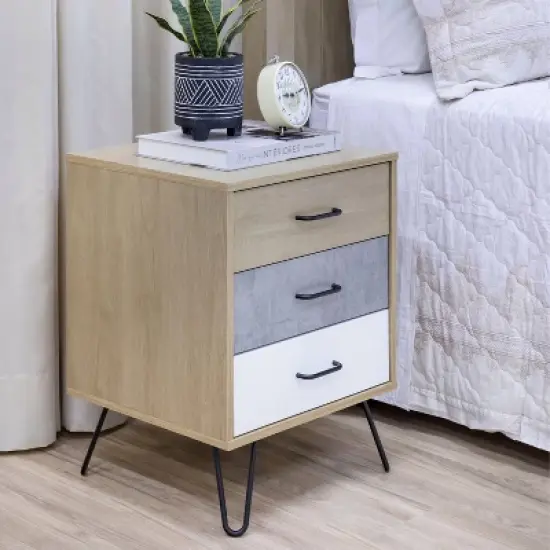 24" Handcrafted Modern Tricolor Wood Nightstand Oak/White/Gray - The Urban Port image {3}