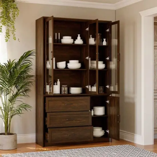 Famapy Modern Kitchen Hutch with Glass Doors,Multi-Drawer Kitchen Organizer,Kitchen Pantry with Storage,Easy Assembly,Perfect for Any Kitchen Layout image {13}