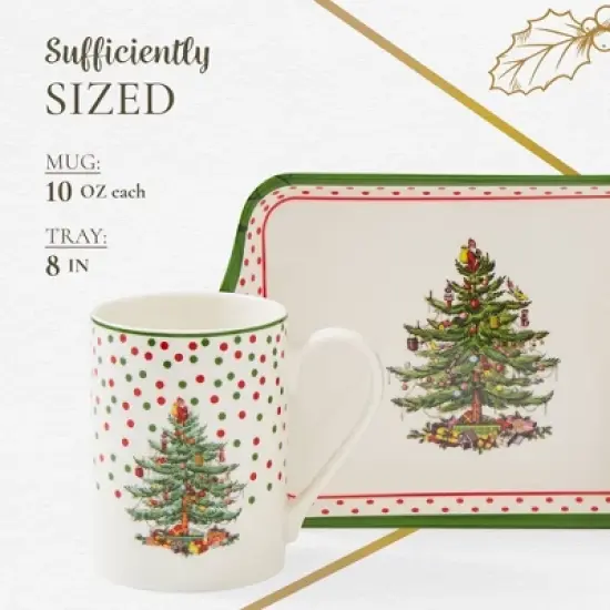 Spode Christmas Tree Polka Dot 10oz Mug & 8" Tray Set (3-Piece Set) - Festive Porcelain Mugs with Melamine Tray, Dishwasher & Microwave Safe image {6}