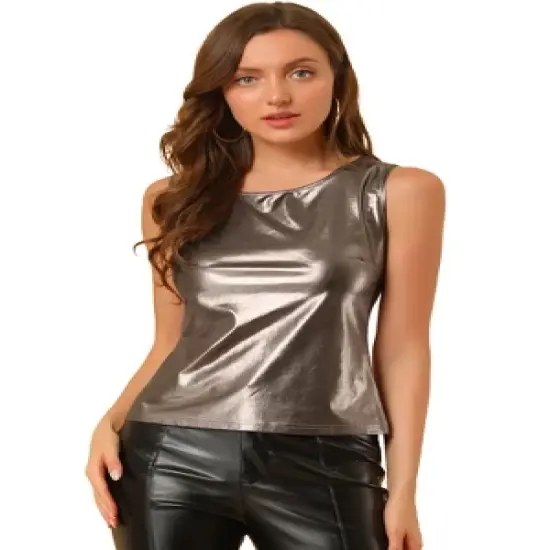 Allegra K Women's U Neck Stretchy Slim Fit Shiny Sparkly Metallic Tank Top image {21}