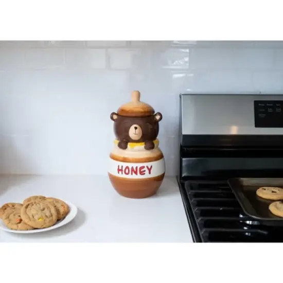 100 North Ceramic 11 inch Everyday Cookie & Candy Jar with Airtight Lid: Kitchen Canisters, Pet Treat Containers, Smiling Brown Bear in Honey Jar image {4}