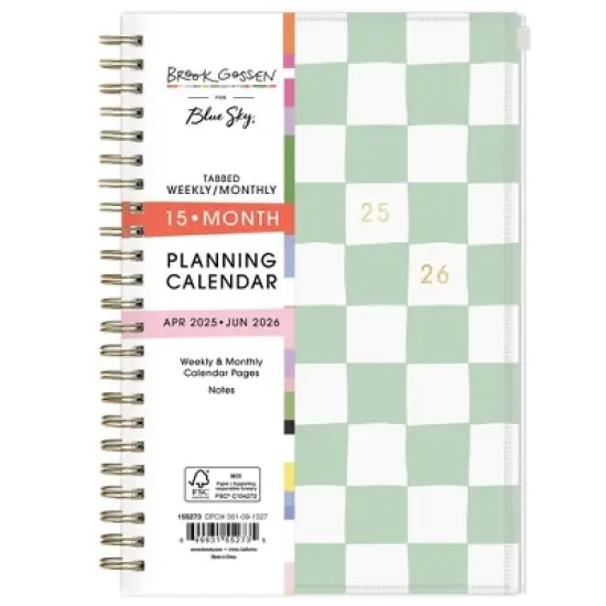 Blue Sky Brook Gossen Planner PP with Zip Pouch 5"x8" Weekly/Monthly Wirebound (15 Month) Green Check Undated image {2}
