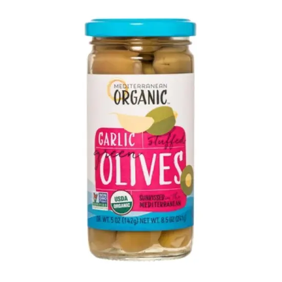 Mediterranean Organic Garlic Stuffed Green Olives - Case of 12/8.5 oz image {1}