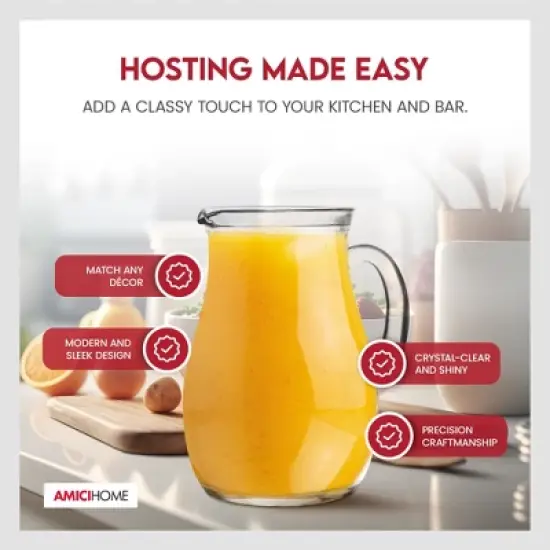 Amici Home Roxy Glass Party Pitcher with Handle & Spout - 17 Oz Clear Drink Jug for Lemonade, Iced Tea, Sangria, Cocktails, or Water - Italian Made image {2}