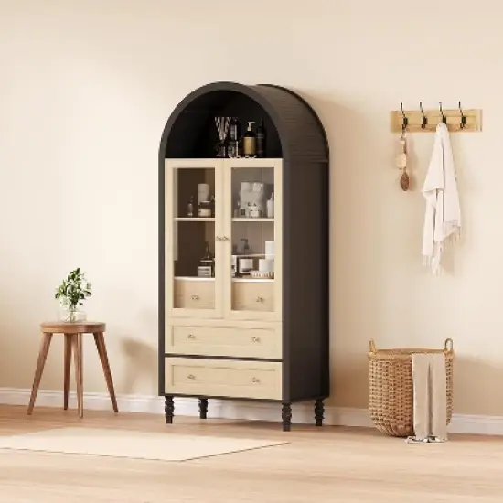 CuisinSmart 70'' Arched Cabinet with Glass Doors, 3 Storage Drawers & Adjustable Shelf, Freestanding Wooden Pantry Cabinet for Living Room, Bedroom image {6}