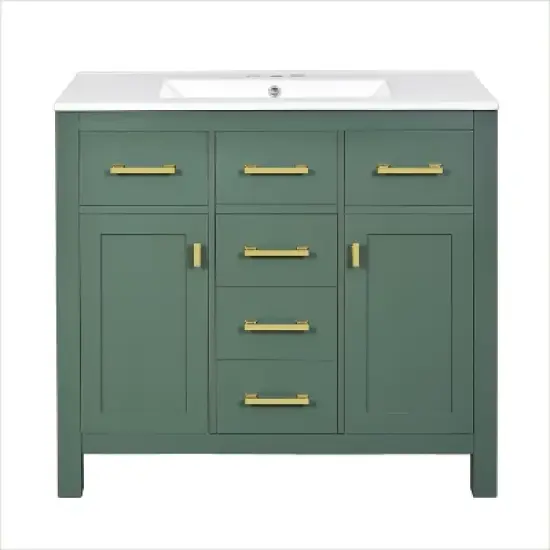 36" Freestanding Bathroom Vanity With Ceramic Sink, 2 Cabinets and 4 Drawers, Green 4W - ModernLuxe image {6}