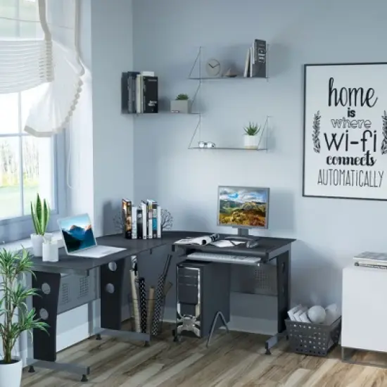 HOMCOM L-Shaped Corner Computer Desk Gaming Table Home Office Workstation Glass Top P2 MDF with Keyboard Tray - Black image {1}