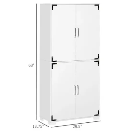 Gulches Industrial Farmhouse Style Freestanding Kitchen Pantry Cabinet - 4-Door Cupboard with Storage Shelves, White 29.5"W x 13.75"D x 63"H image {3}