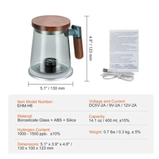 VEVOR Hydrogen Water Cup, 400 ml / 14.1 oz Hydrogen Generator, SPE Technology Portable Hydrogen Water Ionizer Machine with Wireless Charging Base image {7}