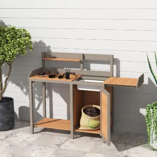 PAGED Outdoor Potting Bench, Wooden Workstation Table with Cabinet for Backyard Garden Supplies, Brown image {1}