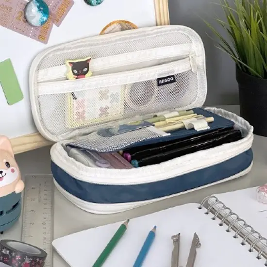 Wrapables Large Capacity Pencil Case, Expandable Pencil Pouch for Stationery Tools, Navy image {3}