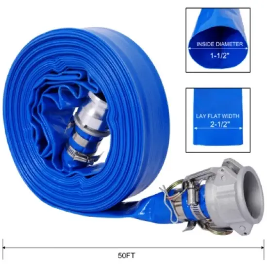 Syemin Drip Irrigation 50Ft Pool Backwash Hose, Heavy Duty Lay Flat Water Discharge Pump Hoses For Swimming Drain Pools, Blue, 1.5"*1.5"*1.5" image {2}