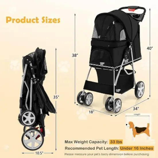 Tangkula 4 Wheels Pet Stroller Folding Cat Dog Stroller W/Storage Basket & Tray Adjustable Canopy All-Terrain EVA Wheels Foldable Cart image {8}