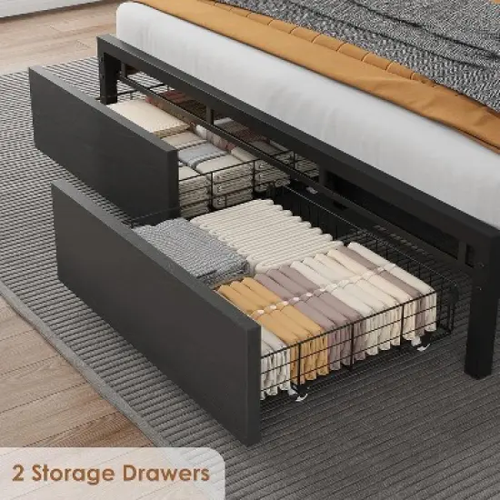 Bed Frame with Storage Headboard, Industrial Platform Bed with 2 Large Drawers and Charging Station, Black No Box Spring Needed Bed frame image {4}