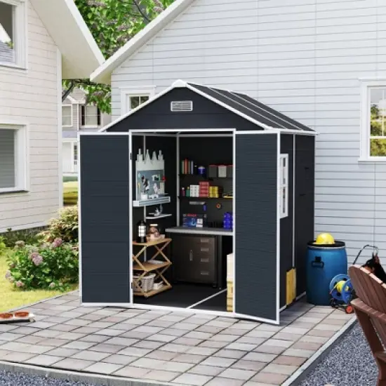 6*6ft resin storage shed, high quality pp material, rust and UV proof, large storage space, 12mm thick pp board, HD window lighting Dark gray image {8}