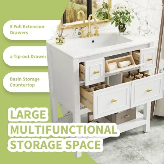 30" Modern Bathroom Vanity with Ceramic Sink, 5 Drawers & Solid Wood Frame, Freestanding Storage Cabinet with Gold Knobs - ModernLuxe image {3}