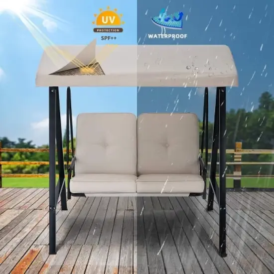 COWLOWN Beige Outdoor 2 Seat Swing Chair with Adjustable Canopy and Removable Cushion, Suitable for Backyard, Garden, Yard, Poolside, Balcony image {6}