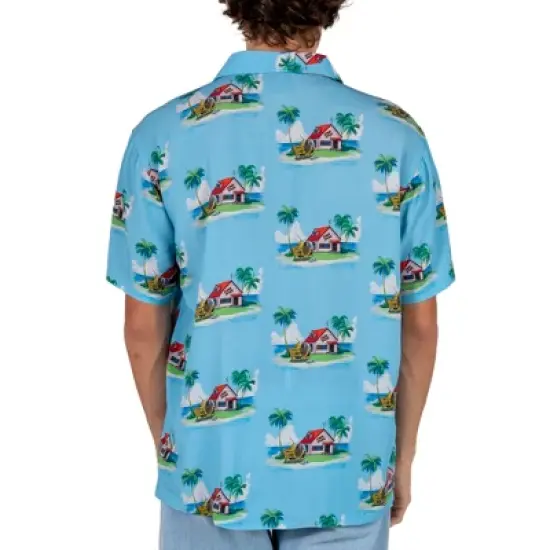 Dragon Ball Z Kame House Sublimation Print Short Sleeve Button Down Light Blue Men's Woven Top image {3}