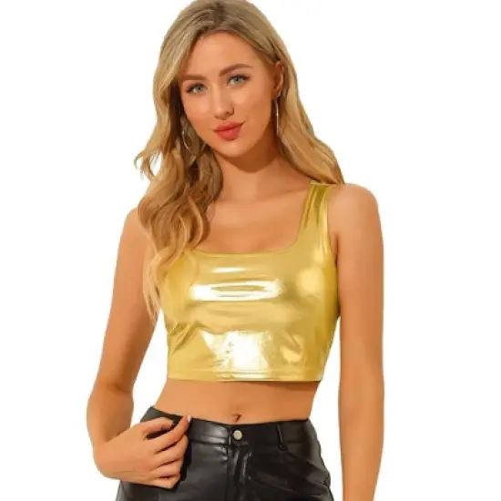 Allegra K Women's U Neck Sleeveless Party Clubwear Shiny Metallic Crop Tank Tops image {10}
