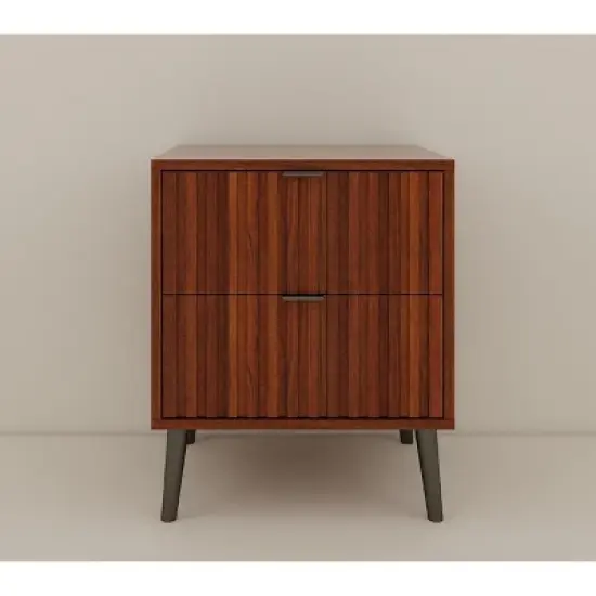 KWPZQEB Wooden Fluted Nightstand, 17.7" Wide Side Table with 2 Large Storage Drawers, Modern Night Stand for Living Room, Bedroom, Brown image {8}