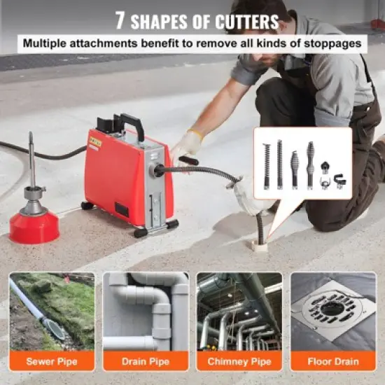 VEVOR 66FT x 5/8 Inch Drain Cleaner Machine, 250W Electric Sewer Snake Auger Manual Feed - with 7 Cutters, 2 Steel Cables, Red image {4}