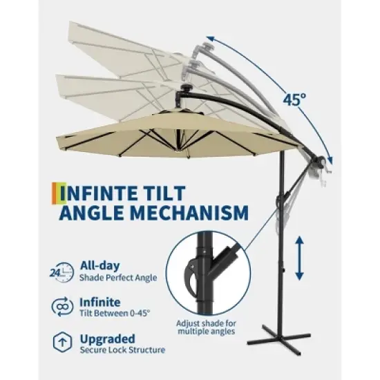 10FT  Cantilever Umbrella, Base Included - for 2-6 People, 360-Degree Rotation & Infinite Tilt, Fade-Resistant Canopy for Deck Pool Garden Backyard image {5}