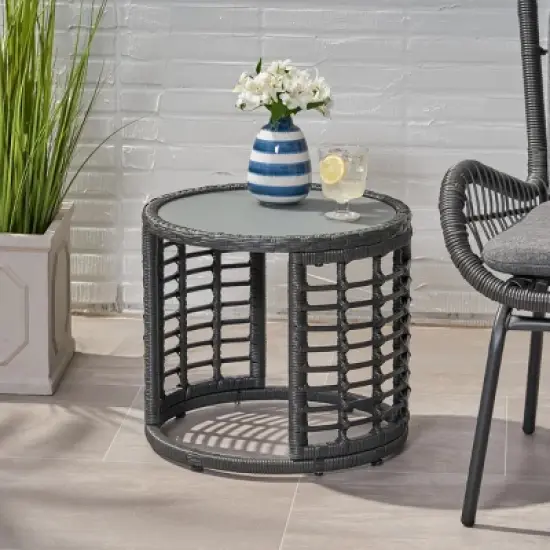 Boho Rattan Side Table with Tempered Glass Top,Round Accent Table for Living Room,Entryway or Sofa-Maison Boucle image {8}