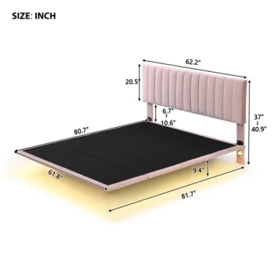 Floating Queen Platform Bed Frame, Headboard Velvet, No Box Spring Needed Upholstered Queen Bed Frame for Bedroom image {1}