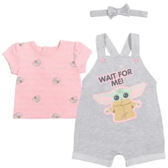 Star Wars The Child Baby Girls French Terry Snap Short Overalls T-Shirt and Headband 3 Piece Outfit Set Newborn to Infant  image {8}