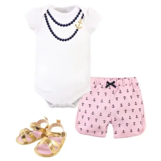 Little Treasure Baby Girl Cotton Bodysuit, Pant and Shoe 3pc Set, Anchor Necklace image {4}