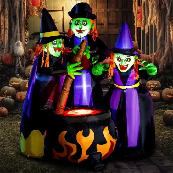 Joyfy 6 FT Halloween Inflatables Outdoor Decoration, Three Witch Around Cauldron Inflatable for Halloween Yard Garden Lawn Outdoor Indoor Decoration image {3}