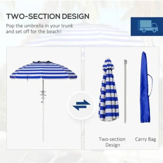 DOMETOUR 5.7' Portable Beach Umbrella with Tilt, Adjustable Height, 2 Cup Holders & Hooks, with Vented Canopy, Blue White Stripe image {1}