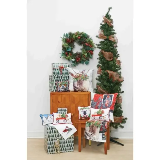 C&F Home Reindeer Holly Flower Crown Indoor and Outdoor Christmas Throw Pillow, 18" x 18" image {1}