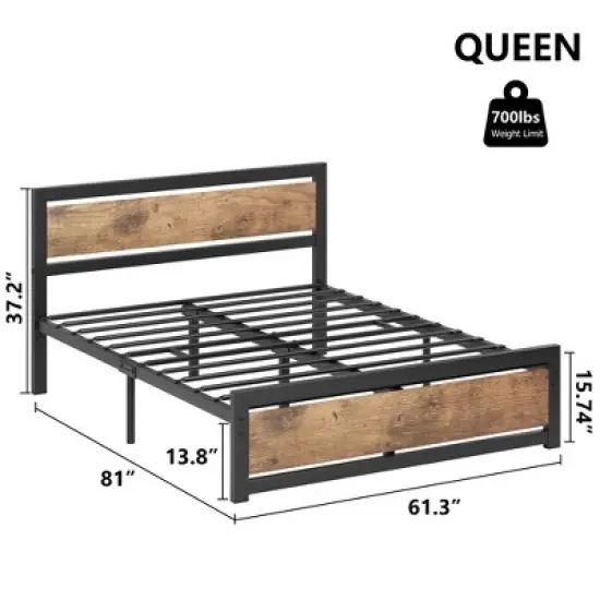 Full Size Bed Frame, 14 Inch King Size Bed Platform Industrial with Headboard No Box Spring Needed, Easy Assemble Mattress Bedframe Retro Brown image {1}