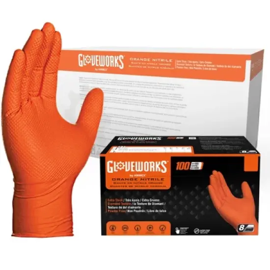 GLOVEWORKS Heavy-Duty Orange Nitrile Gloves with Raised Diamond Texture- Industrial Grade - Great for Auto Repair, Mechanics, Janitorial, Food Service image {7}