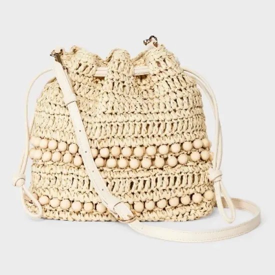 Straw Beaded Drawstring Crossbody Bag - Universal Thread&trade; Light Beige: Knit Paper Straw, Unstructured image {5}