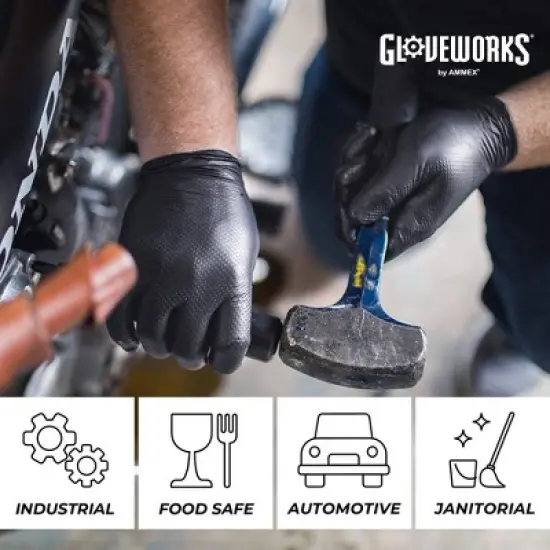 GLOVEWORKS Black Nitrile Gloves with Raised Diamond Texture- Medium Duty, Industrial Grade - Great for Auto Detailing, Food Service, and Cleaning image {4}