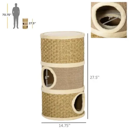 Gulches PawHut 28 Inch Cat Condo, 3 Story Cat Hideaway with Small Cat Tree for Indoor Cats, Khaki and Brown image {5}