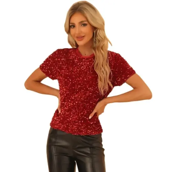 Allegra K Women's Sequin Velvet Crew Neck Short Sleeve T-shirt image {13}