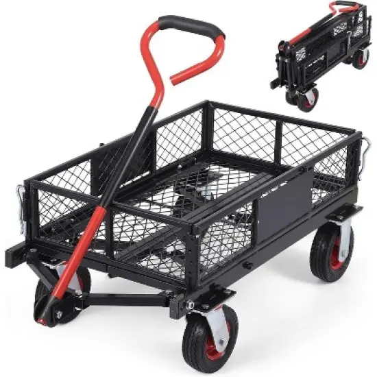 Acekool Foldable Steel Garden Cart, 360lbs Capacity, Removable Mesh Sides, 6" All-Terrain Wheels, 180&deg; Rotating Handle, Yard Utility Wagon image {7}